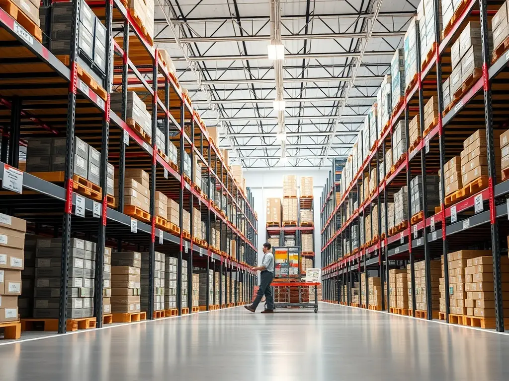 Interior view of StoreWise's organized warehouse with security features.