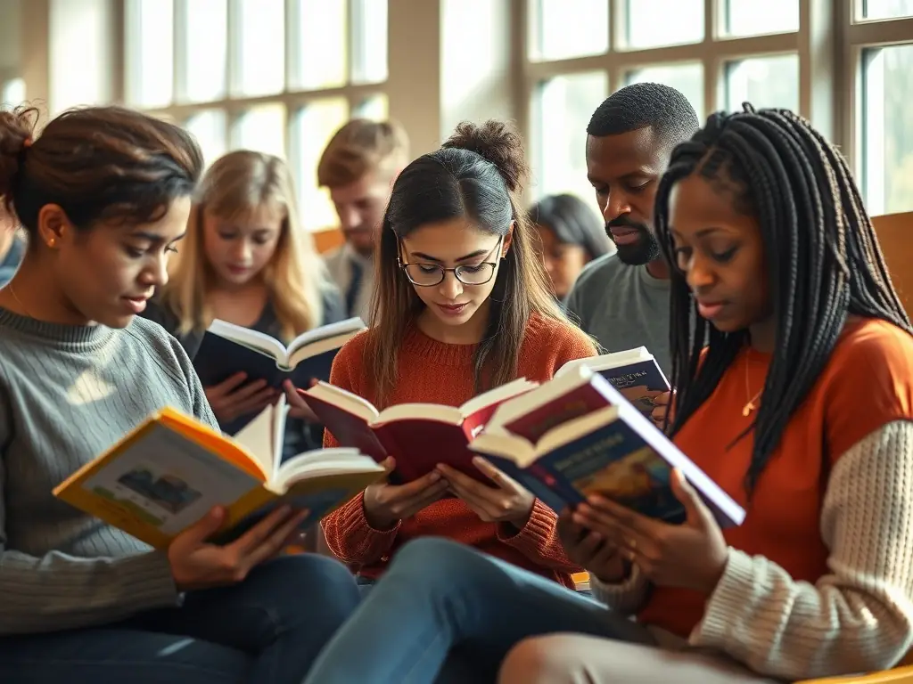 A diverse group of people reading different books in a library.