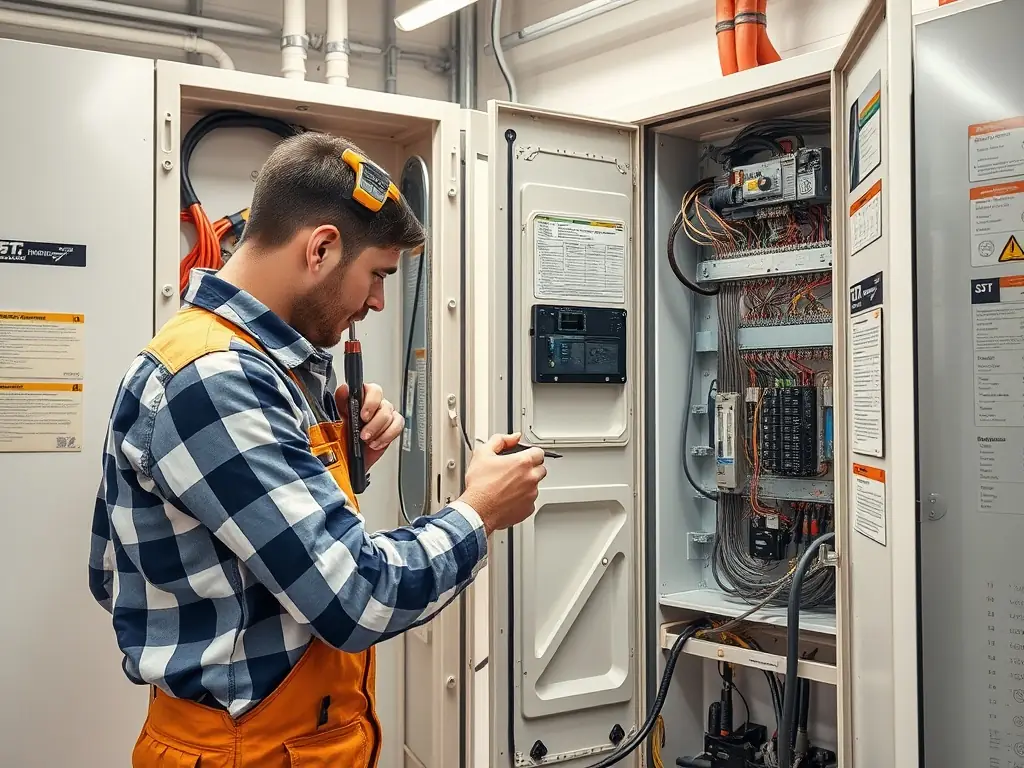 An electrician performing maintenance on electrical panels, emphasizing the importance of regular upkeep.