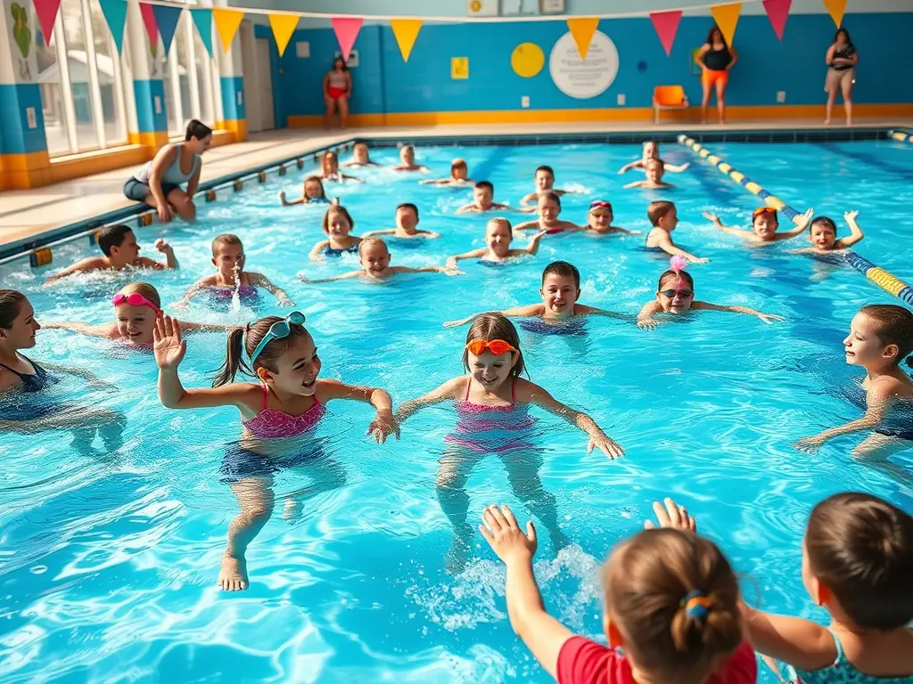 A vibrant swimming pool with children and adults in a swim class.