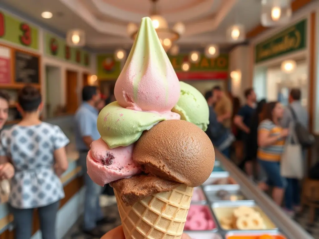 A close-up of a gelato cone with multiple colorful scoops in a gelateria.