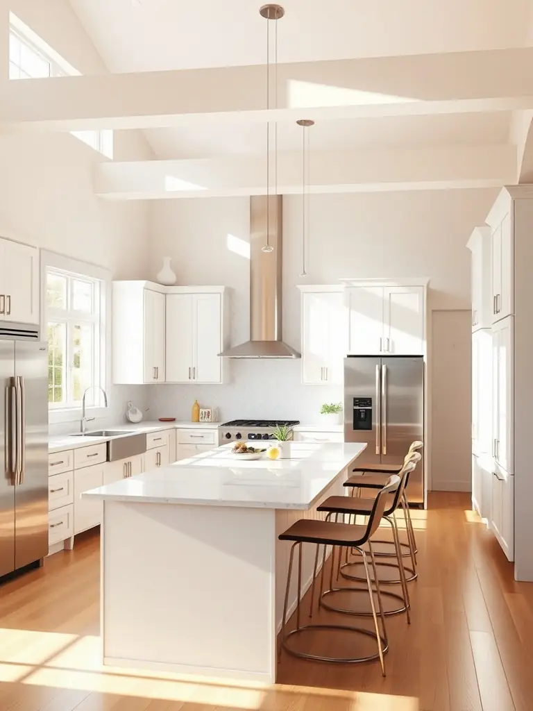 A modern kitchen with sleek appliances and a large island, bathed in natural light.