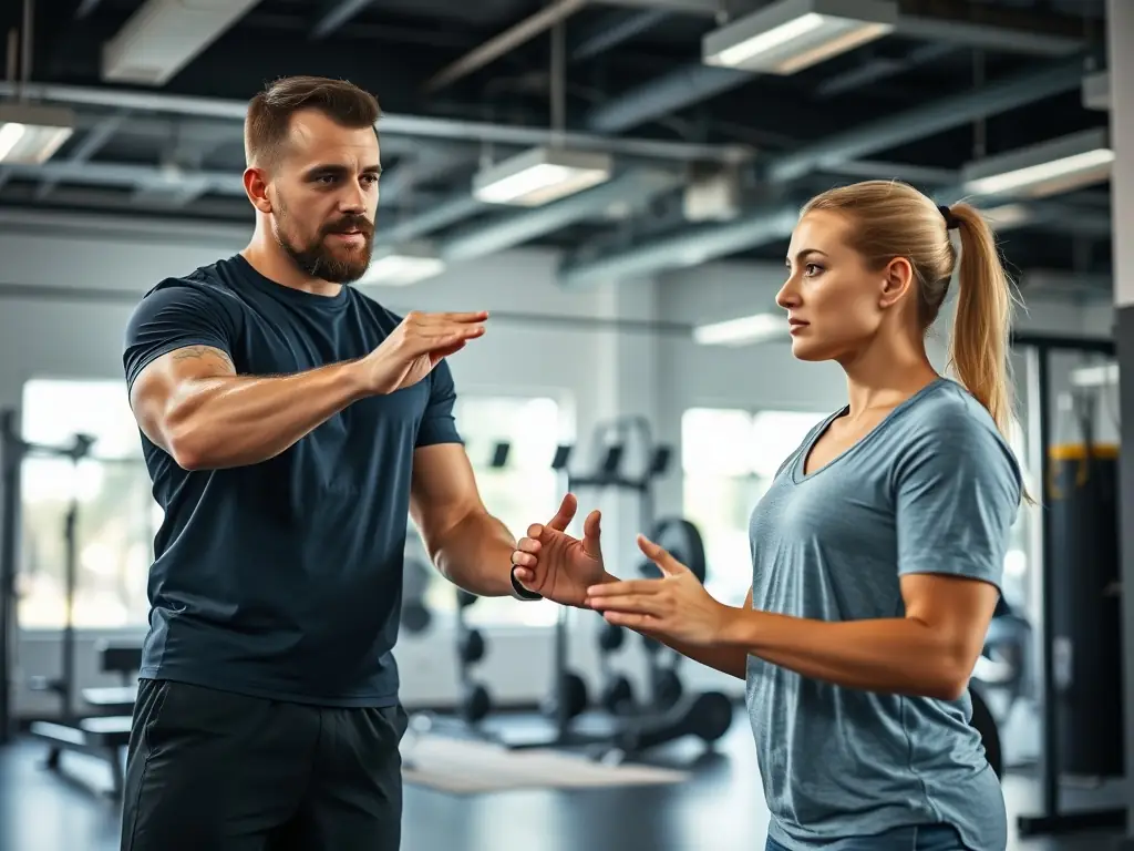 A personal trainer guiding a client through a workout in a gym.