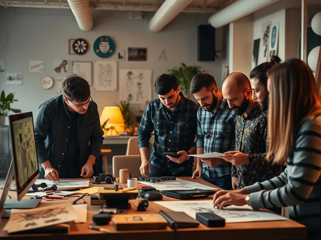A team of game designers and producers collaborating in a creative workspace.