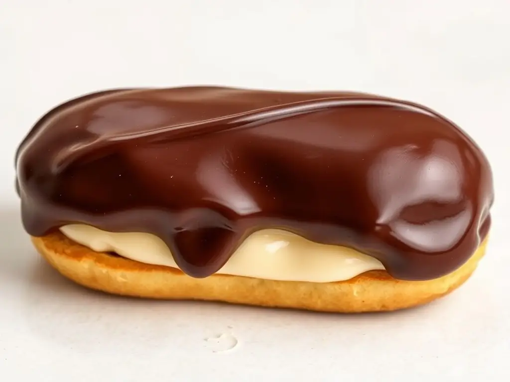 A close-up of a chocolate éclair with creamy filling and shiny glaze.