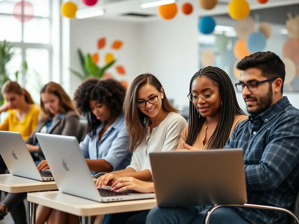 A diverse group of people participating in an online survey, highlighting digital tools in market research.