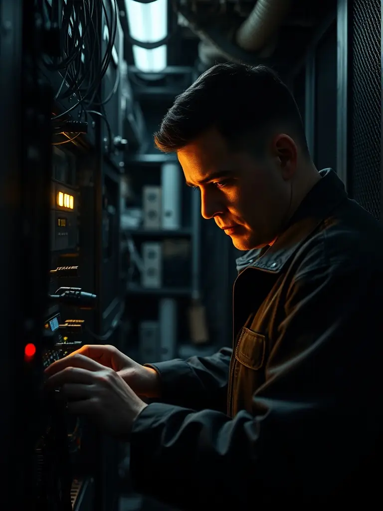 A technician performing maintenance on telecommunications equipment in a dimly lit room.