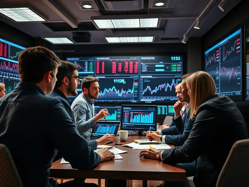 A collaborative workspace with professionals discussing market trends.