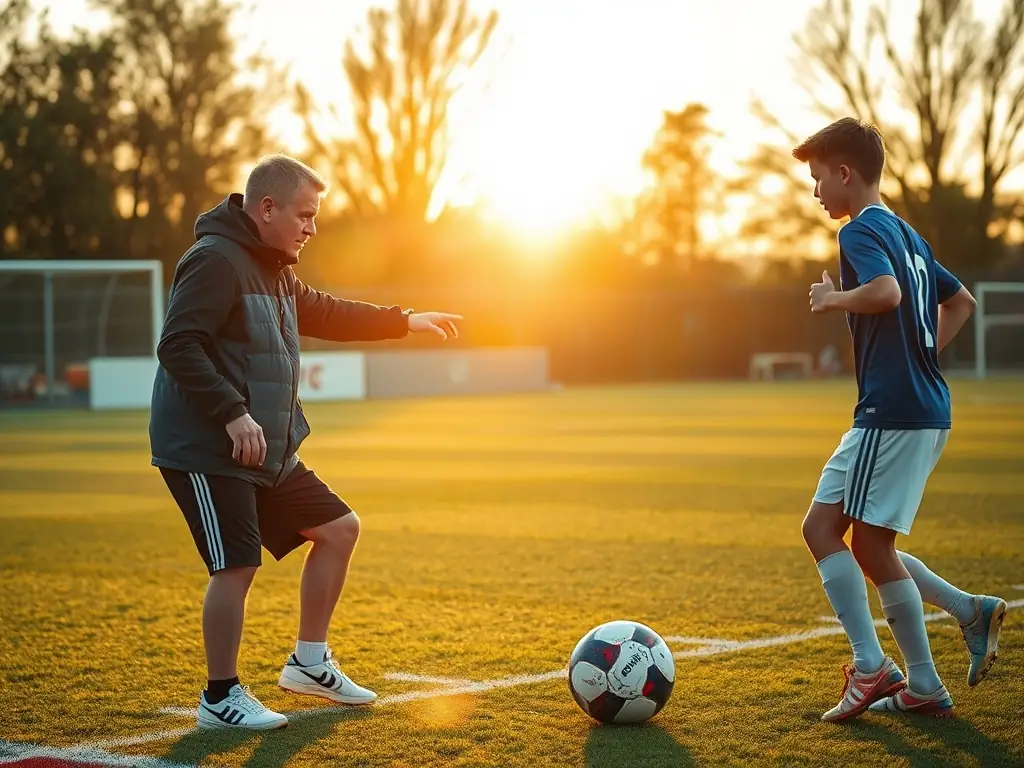 A coach training a young football player during a one-on-one session.