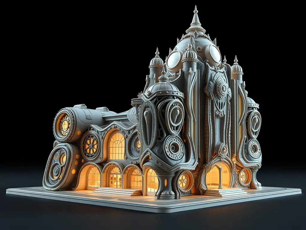 Detailed 3D model of a futuristic building.