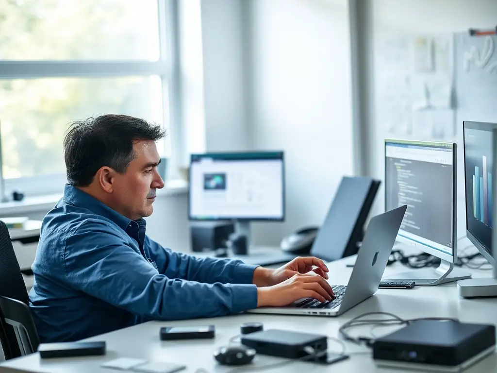 A technician installing software on a laptop in a bright workspace.