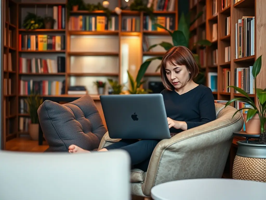 A cozy corner in a cyber cafe with a person using a laptop.