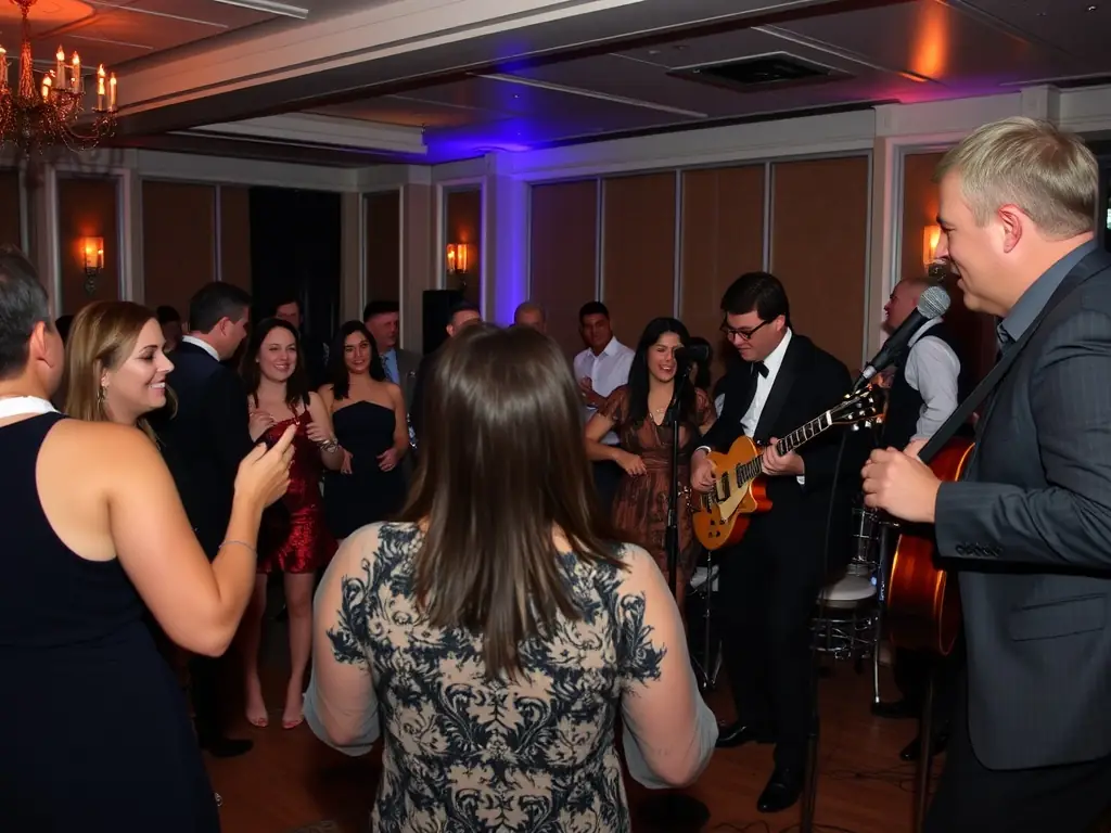 Guests dancing at a corporate event with live music.