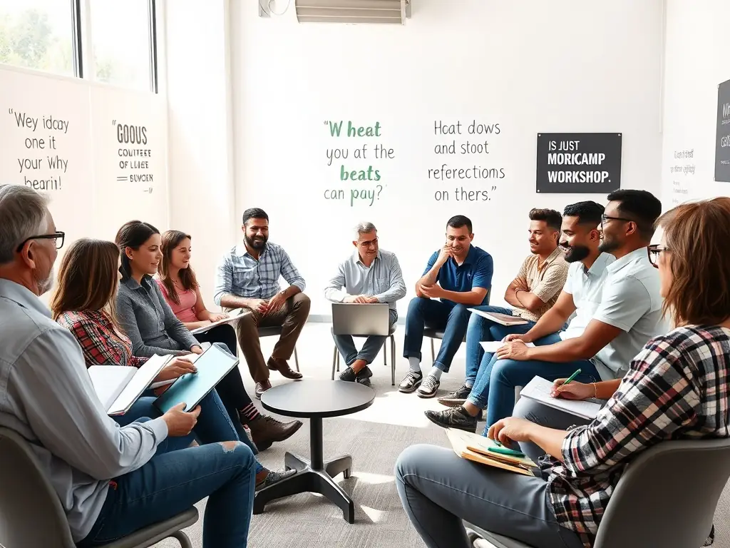 A diverse group of adults engaged in a lively discussion in a workshop.