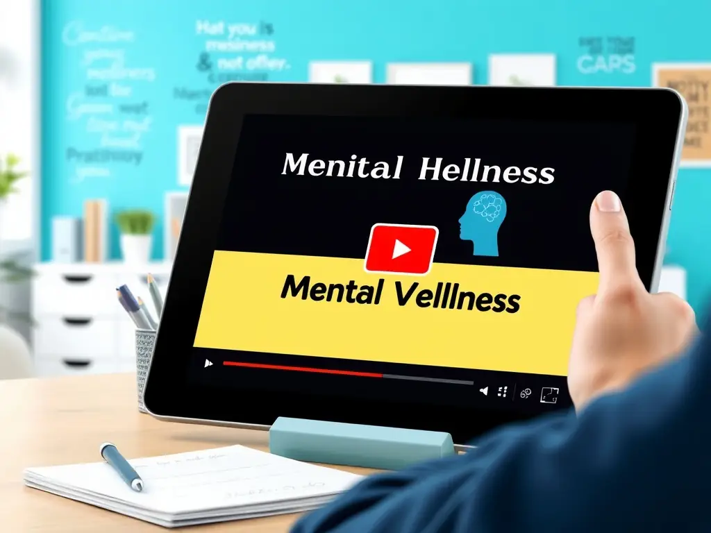 A digital tablet displaying a video tutorial on mental wellness.