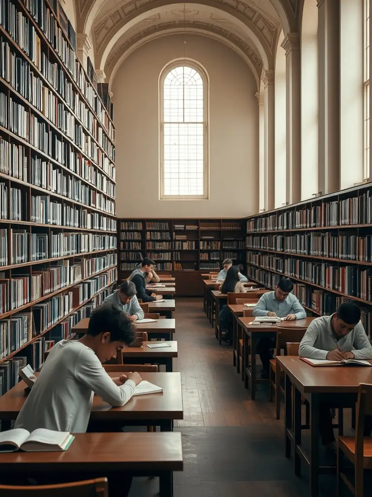 Individuals focused on reading and taking notes in a serene library environment.