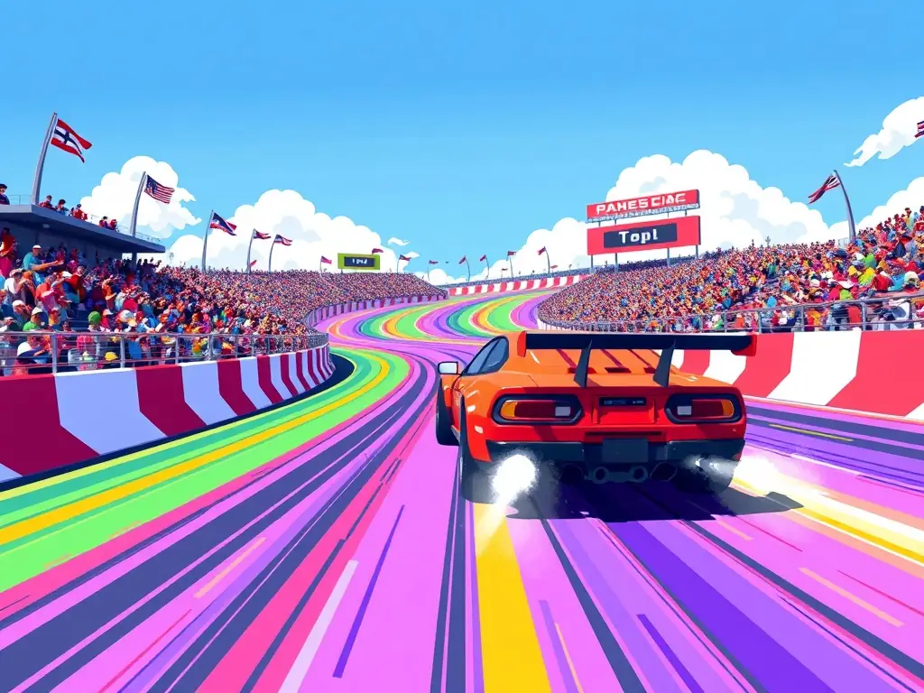 A pixelated car racing on a colorful track in a dynamic gameplay scene.