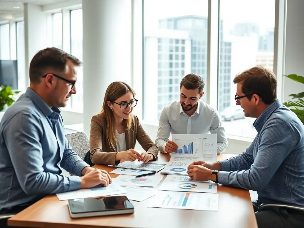 A team of analysts collaborating over data charts and reports.