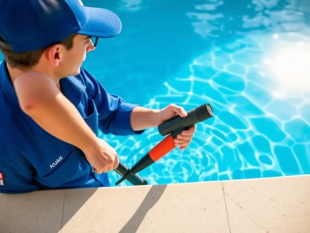 A technician performing maintenance on a sparkling clean pool.