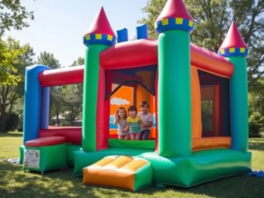 A colorful castle-shaped bounce house with children playing inside.