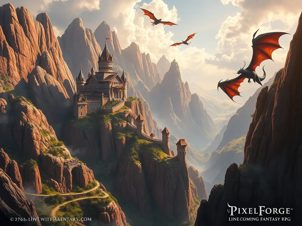 A fantasy landscape with dragons and castles for a fantasy RPG.