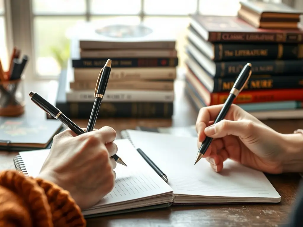 Close-up of hands holding pens and notebooks with classic literature books in the background.