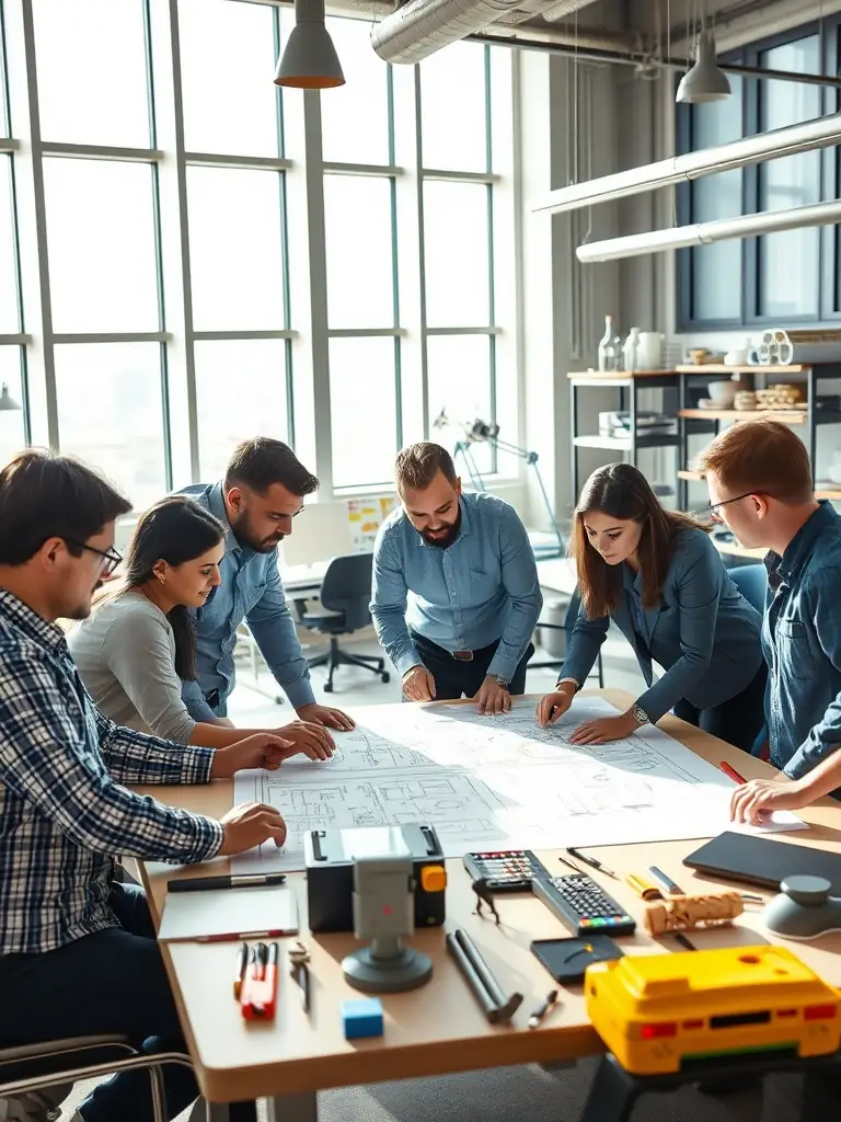 A team of engineers collaborating on blueprints in a modern office.