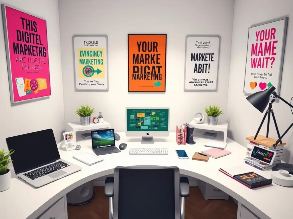 A creative workspace with digital marketing tools.
