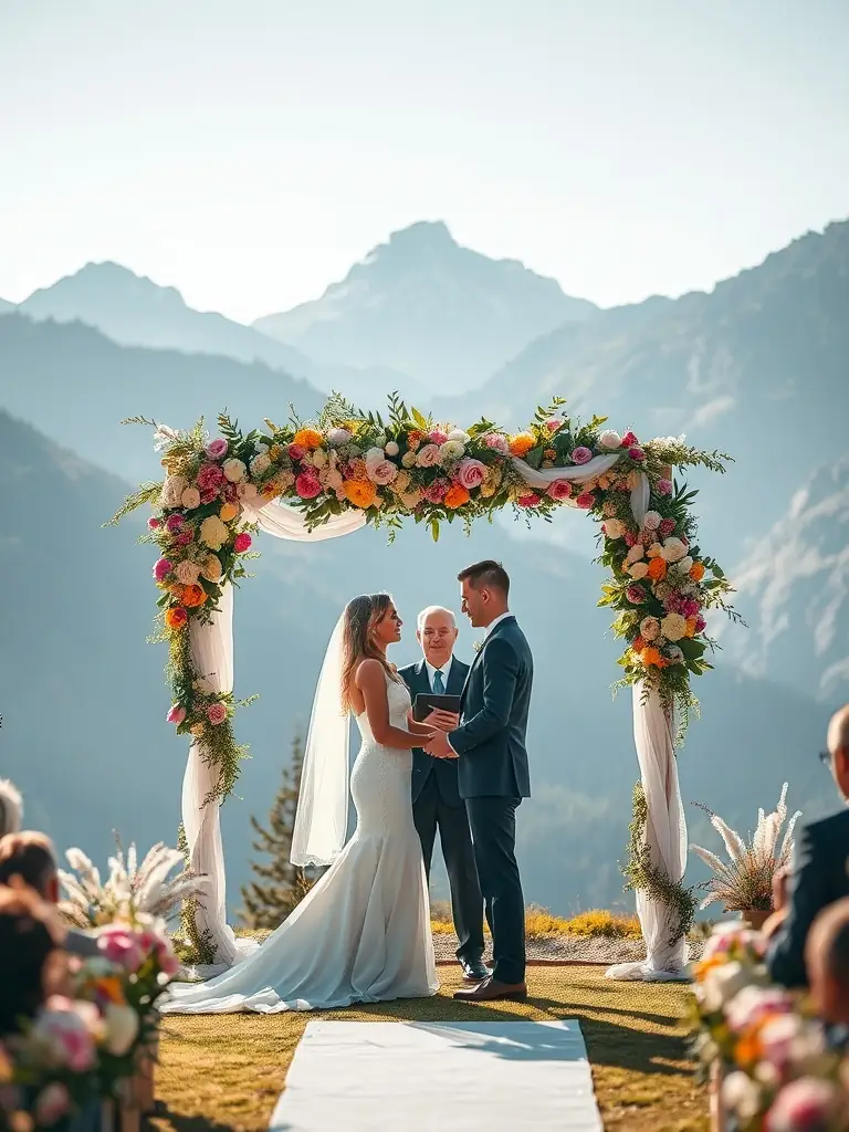 A bride and groom exchanging vows under a floral arch with mountains in the background.
