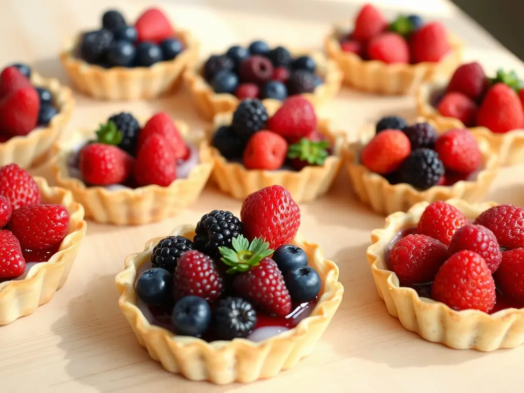 A display of freshly baked seasonal berry tarts.
