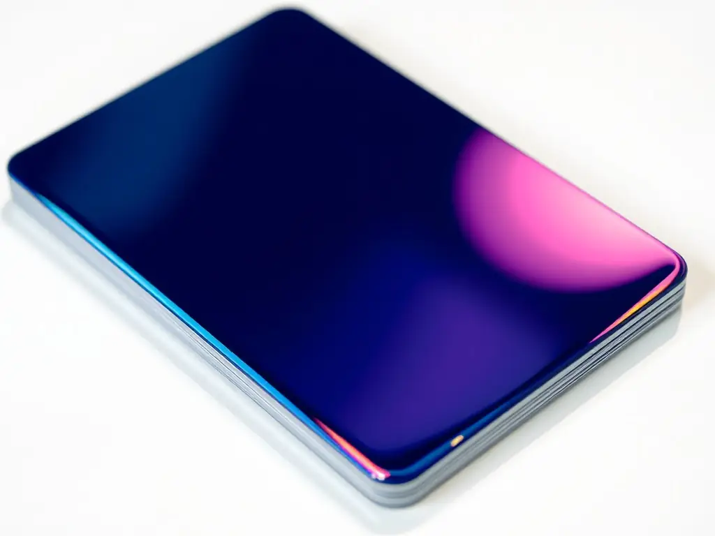 A close-up of a glossy business card highlighting its vibrant colors.