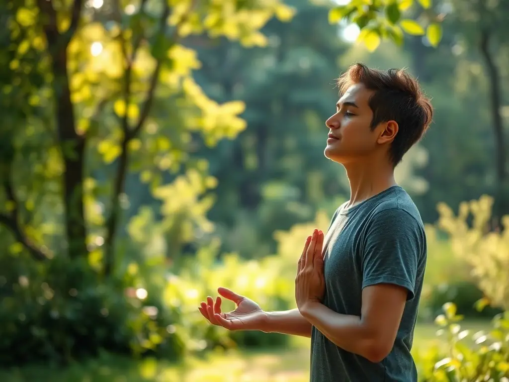 A person practicing stress management techniques in a tranquil outdoor setting.