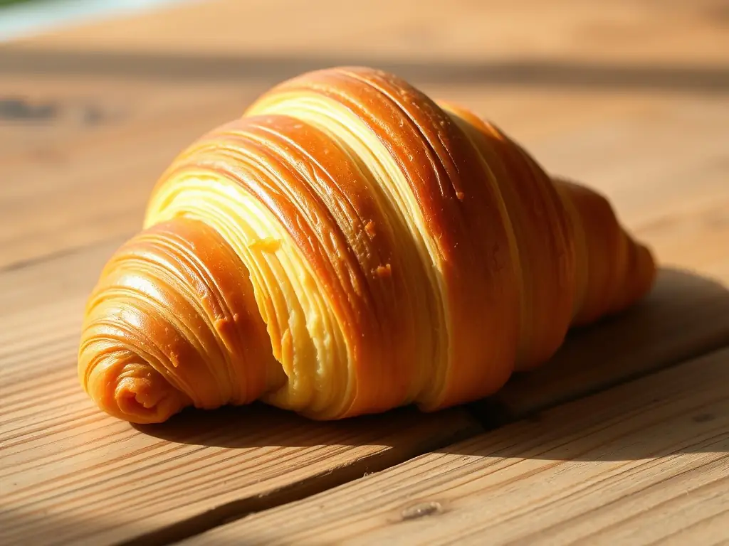 Golden-brown croissant on a rustic wooden table.