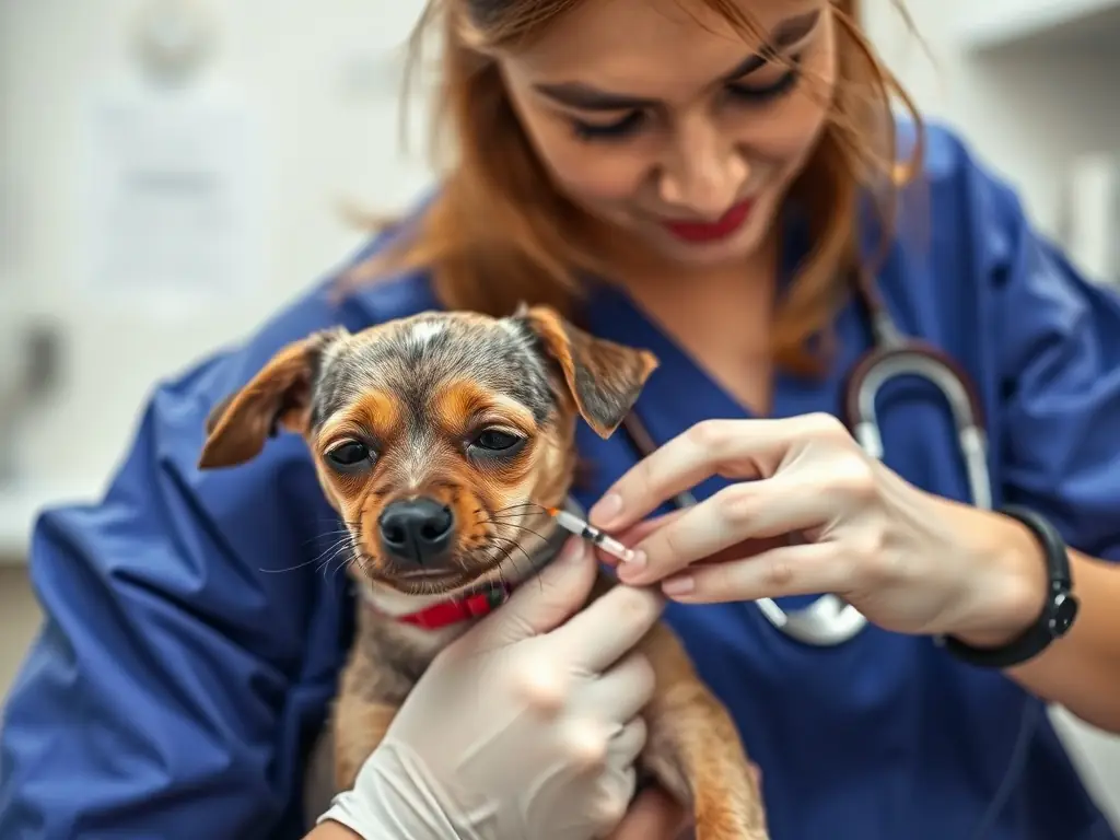 A veterinarian giving a vaccine to a small dog.