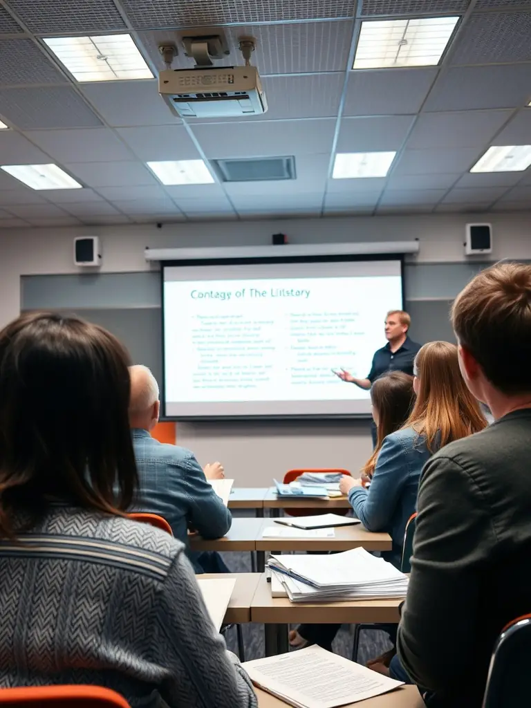 A lecturer presenting to an attentive audience in a classroom setting.