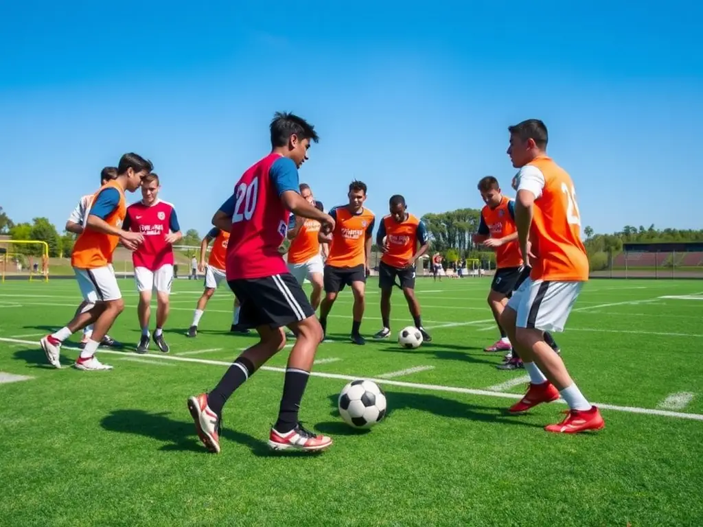 Football players engaged in a teamwork exercise on the field.