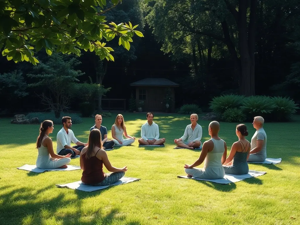Participants meditating in a lush garden at Zen Haven during a retreat.
