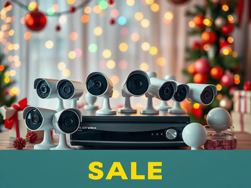 Promotional image of a bundle of CCTV cameras and DVR systems with holiday decorations.