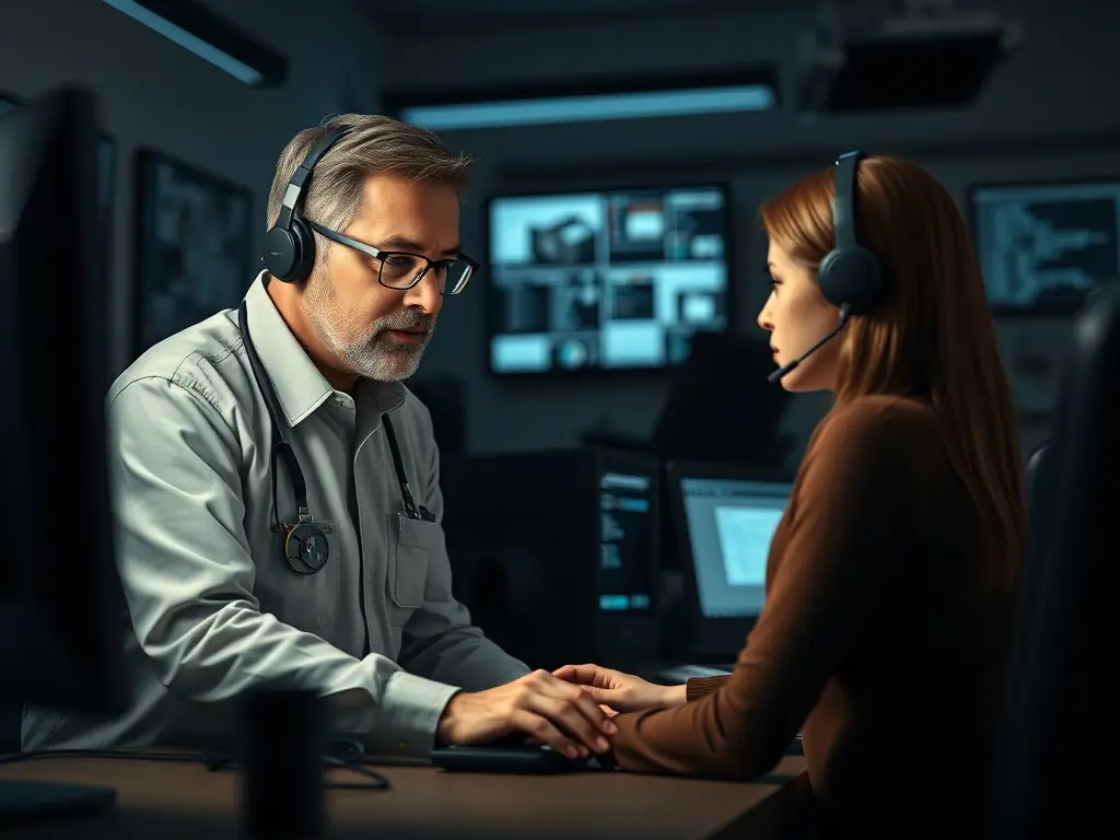 A technician providing IT support to a client in an office.