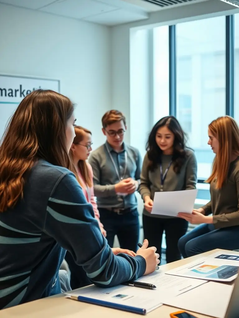 A group of students engaged in a collaborative marketing workshop with a tutor.