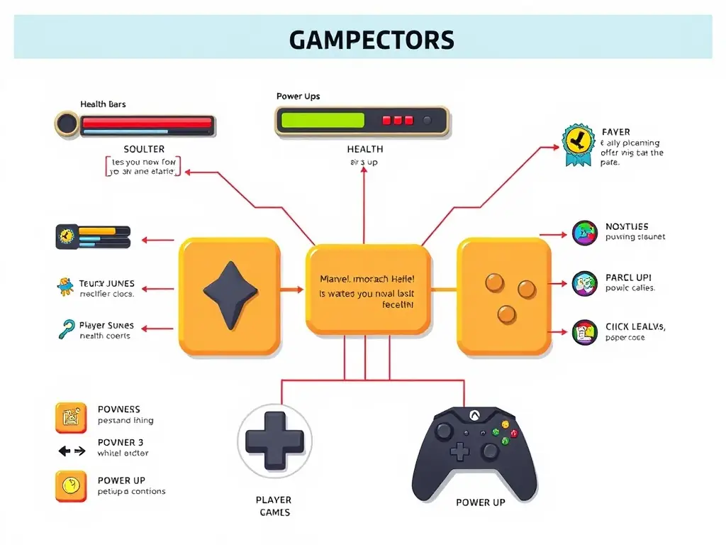 A diagram of game mechanics elements like health bars and power-ups.