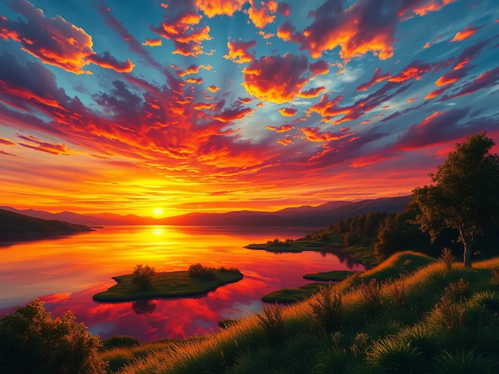 A vibrant digital painting of a sunset over a serene landscape.