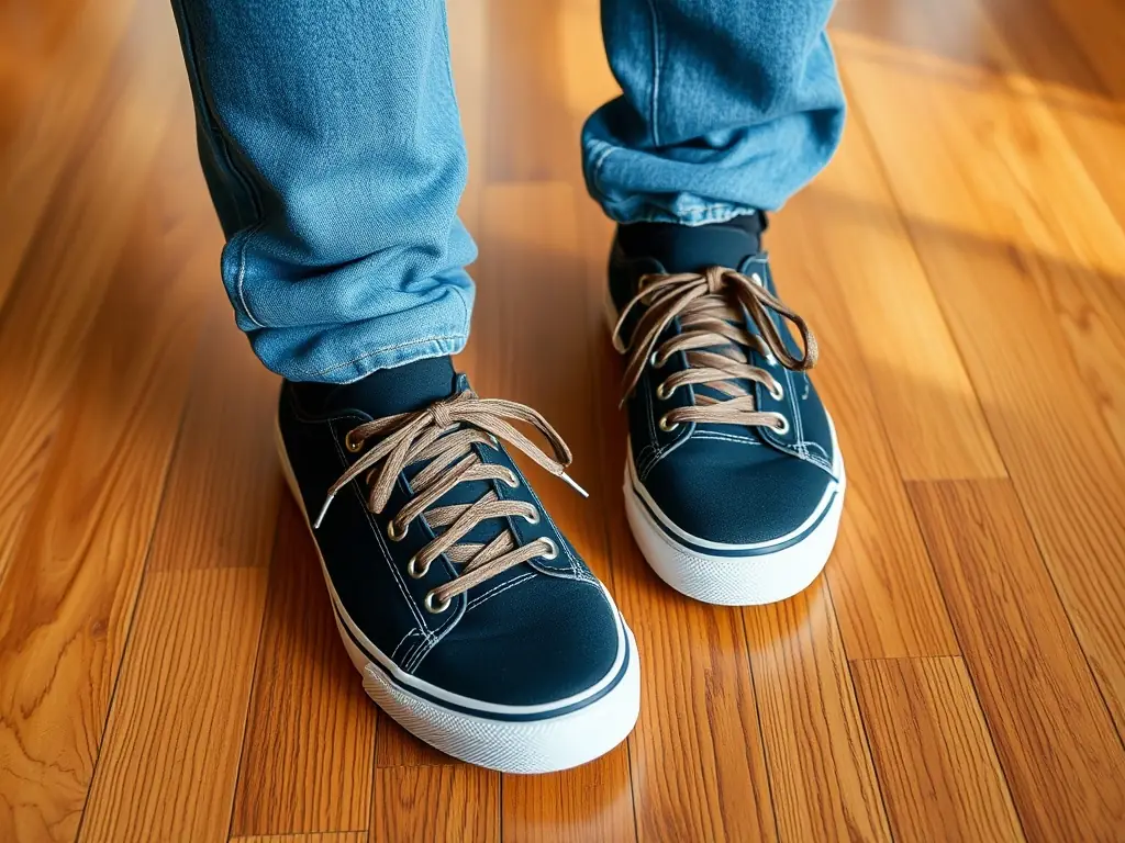 Stylish sneakers displayed on a wooden floor.