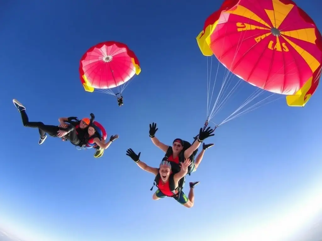 A group of skydivers in freefall with vibrant parachutes against a blue sky.