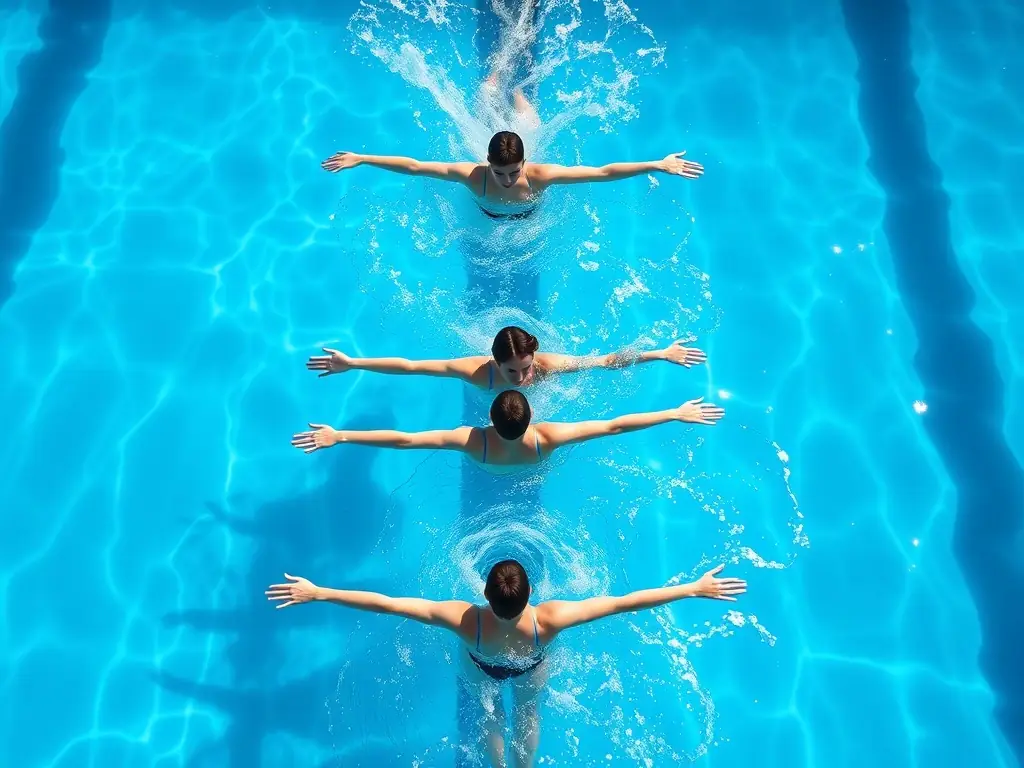 Advanced swimmers performing synchronized swimming techniques.