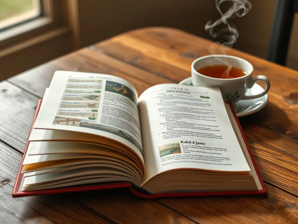 An open guidebook with a cup of tea beside it.