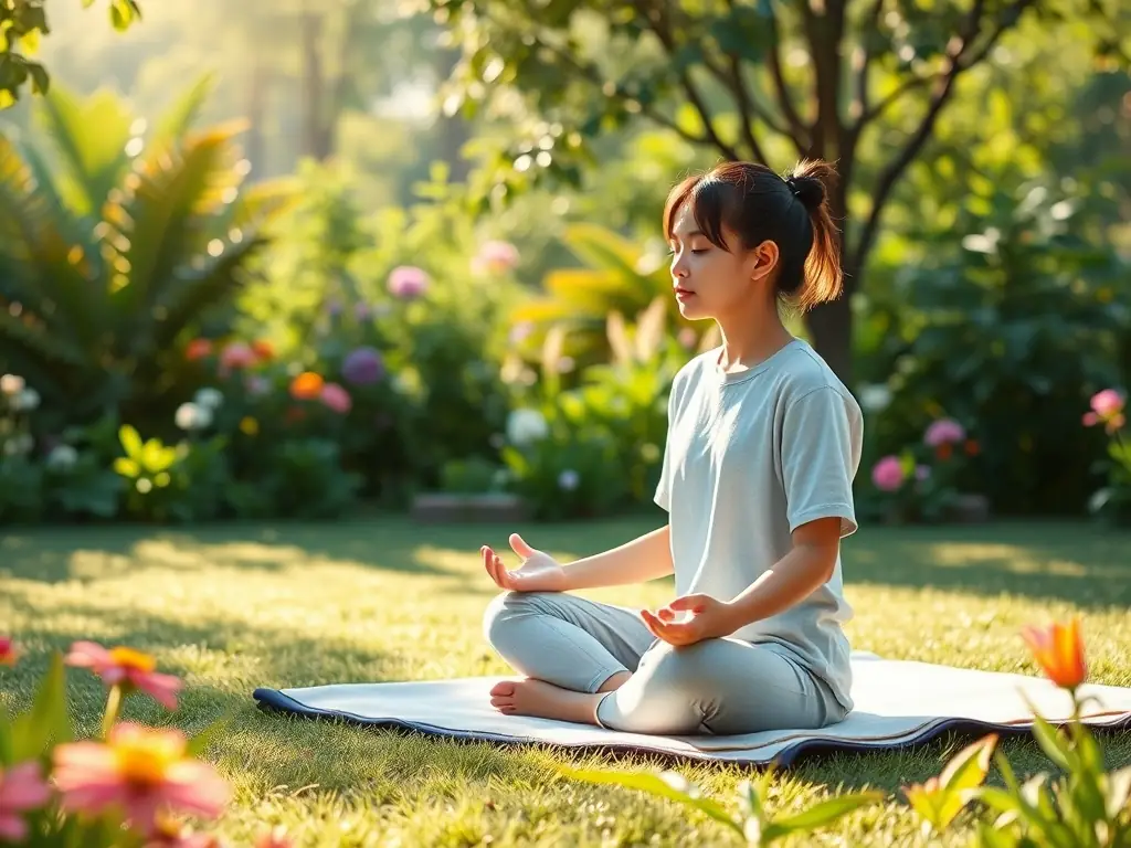A student practicing mindfulness in a tranquil garden setting.
