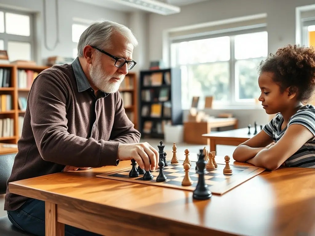 A chess coach guiding a young student through a chess game in a bright classroom.