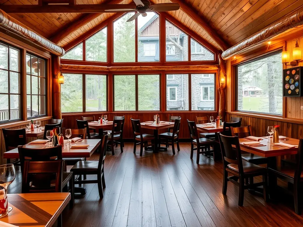 A cozy dining area with rustic decor and nature views.