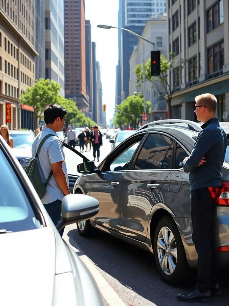 Student practicing parallel parking with instructor in a city.